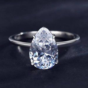 Diamond Tear Drop Sterling Silver Ring NEW dainty Valentine's Day Gift Size 7